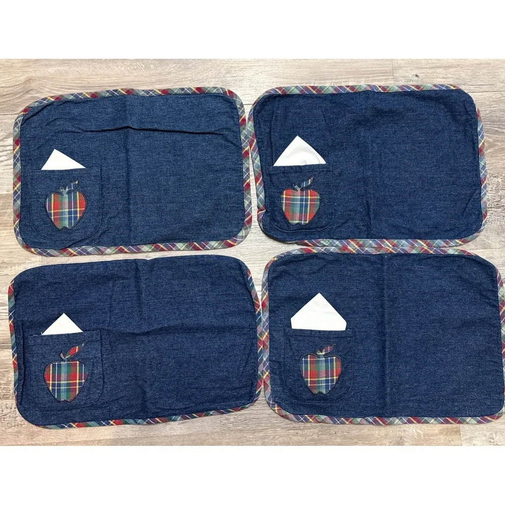 Set Of 4 Vintage Denim Placemats Plaid Trim W/ Apple Pocket W/‎ Napkin 17x12